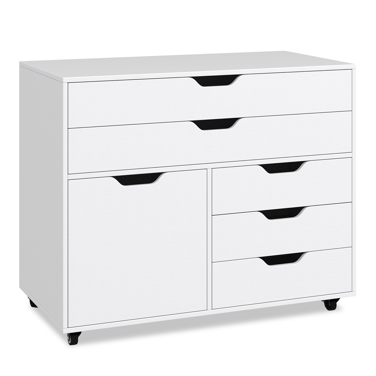 Modern Vertical 5-Drawer Mobile Chest with Door 5 Casters-White